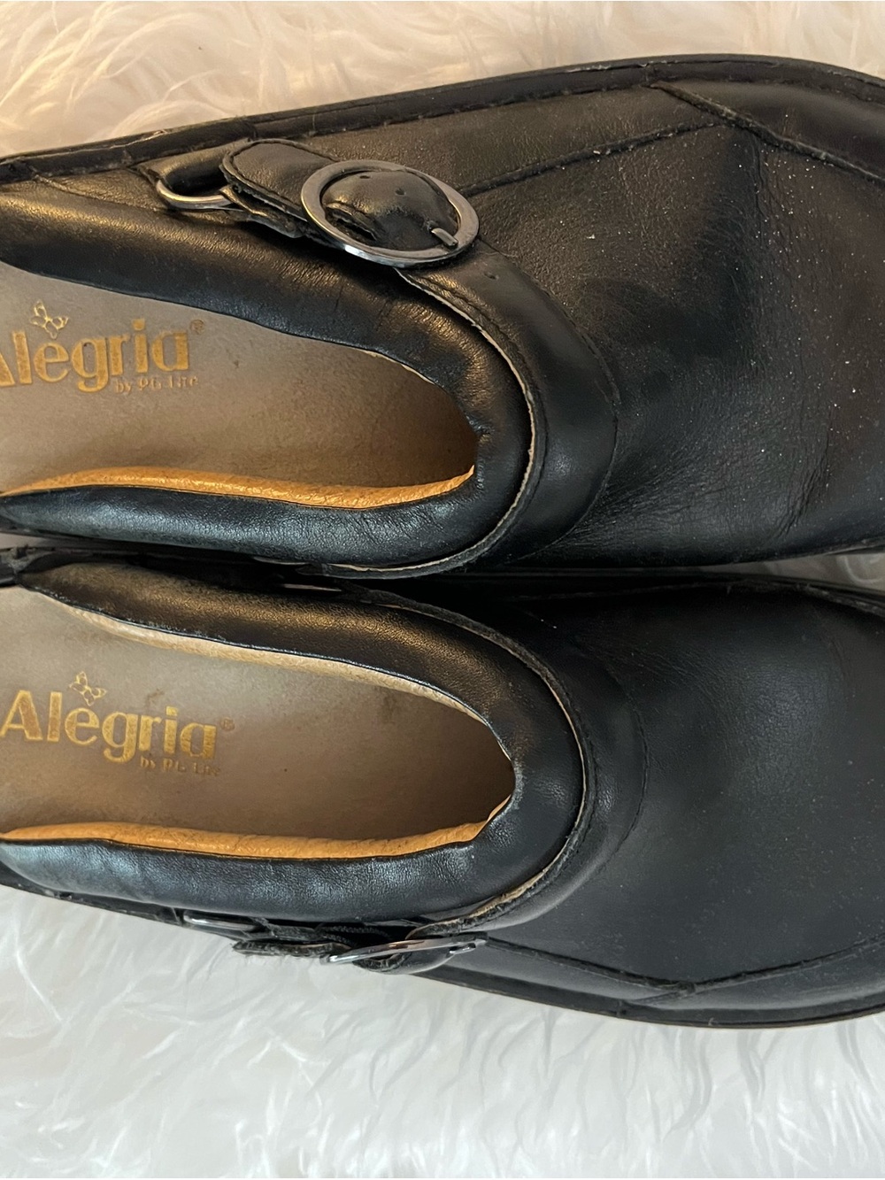Alegria Black Leather Slip-On Mules with Buckle